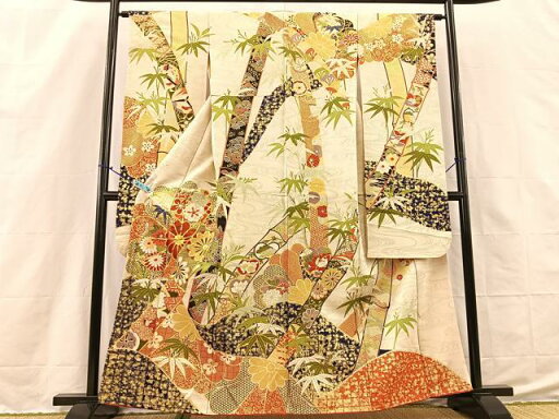 平和屋着物■豪華振袖 駒刺繍 笹竹花文 金彩 正絹 逸品 BAAQ7047if 平和屋着物■豪華振袖 駒刺繍 笹竹花文 金彩 正絹 逸品 BAAQ7047if