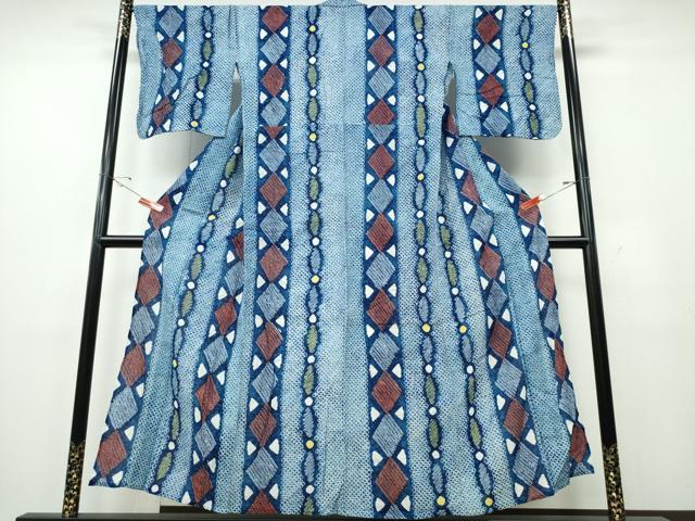 平和屋着物∴夏物　浴衣　有松鳴海絞り　間道　幾何学文様　綿　逸品　CABE9127ng