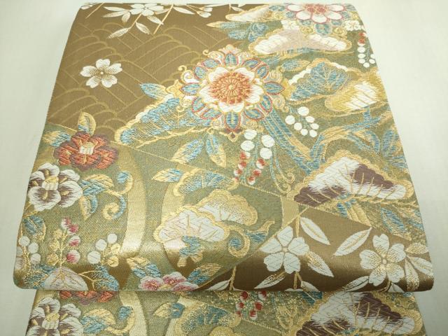 平和屋着物▼六通柄袋帯　草花松文　金糸　正絹　逸品　DAAV9824sf