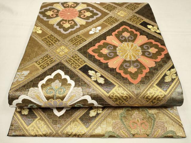 平和屋着物▼六通柄袋帯　唐織　吉祥花菱文　黒地　金銀糸　正絹　逸品　AAAX4274wj