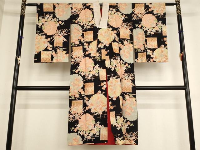 平和屋着物[]アンティーク　大正ロマン　子供　女の子　長襦袢　袷　雪輪色紙花文　黒地　正絹　逸品　..