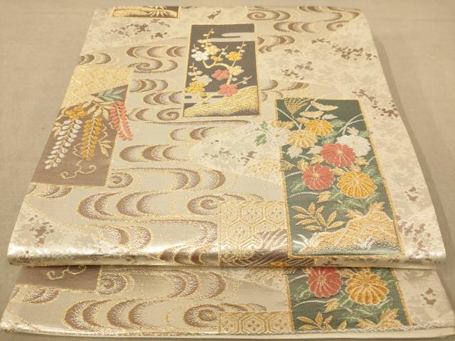 平和屋着物◎西陣　六通柄袋帯　唐織　短冊花文　銀糸　正絹　逸品　AABC1570dt