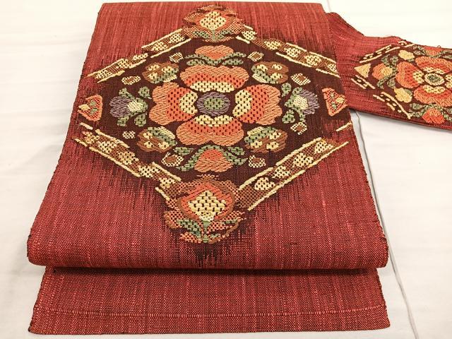 平和屋着物◎八寸名古屋帯　唐織　紬地　花菱文　名古屋仕立て　正絹　逸品　未使用　BAAV3166hv