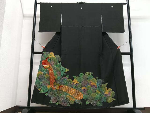 平和屋着物■豪華黒留袖 駒刺繍 孔雀文 紫陽花 金彩 正絹 逸品 CABH4342xe