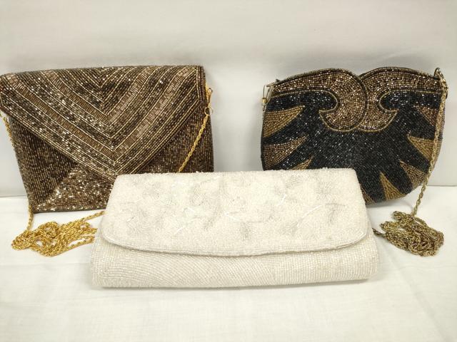 平和屋着物▼和装小物 ビーズバッグまとめて3点 クラッチ ポーチ ショルダー 花唐草 レトロ 逸品 DABA7950zzz