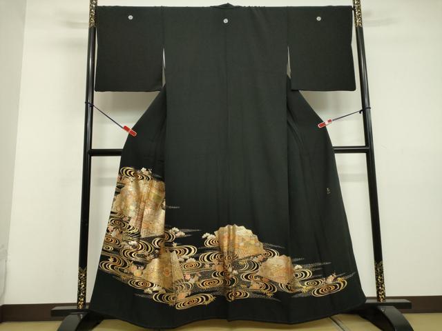 平和屋着物●金彩友禅 卓越技能者・名工・和田光正 黒留袖 流水扇面風景草花文 金銀彩 正絹 逸品 DAAV1250tw