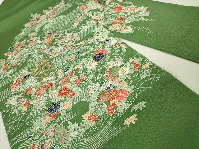 平和屋本店■極上　九寸名古屋帯　駒刺繍　御所解文　老竹色地　金彩　鬼しぼ縮緬　逸品　未使用　DZAA4571kh5