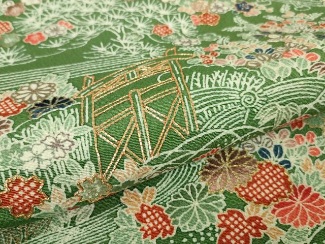 平和屋本店■極上　九寸名古屋帯　駒刺繍　御所解文　老竹色地　金彩　鬼しぼ縮緬　逸品　未使用　DZAA4571kh5