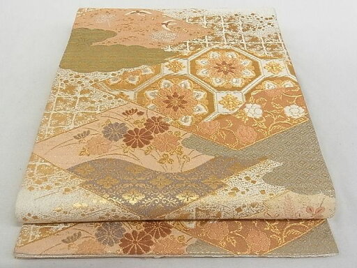 平和屋着物◎綴れ 六通柄袋帯 松皮菱飛鶴花文 金銀糸 正絹 逸品 AAAE0058Apf 平和屋着物◎綴れ 六通柄袋帯 松皮菱飛鶴花文 金銀糸 正絹 逸品 AAAE0058Apf