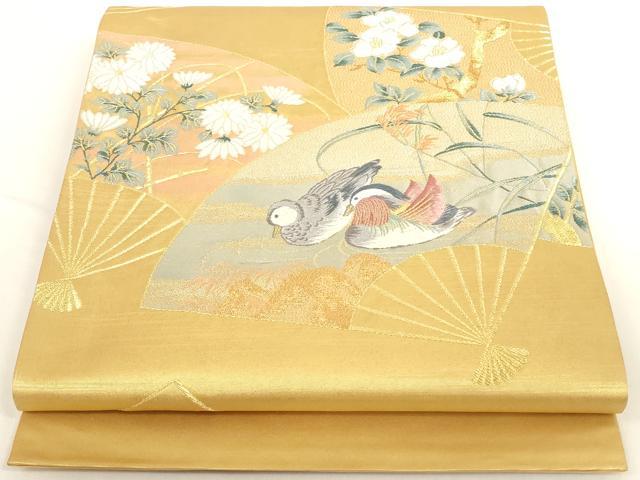 平和屋着物◎六通太鼓柄袋帯　扇面花鳥文　金糸　正絹　逸品　AAAD0391ru