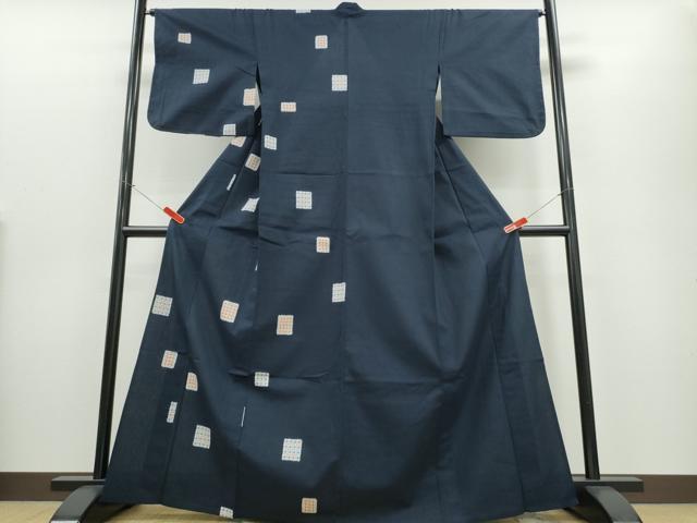 平和屋着物∴夏物　撫松庵　浴衣　片身替わり　格子柄　濃紺地　綿　逸品　CABE9090ng