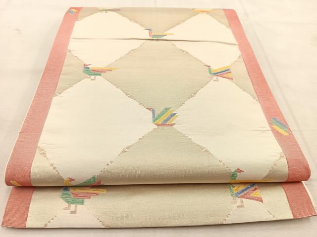 平和屋着物◎六通柄　本袋帯　菱繋ぎ鳥文　正絹　逸品　BAAU6505yc