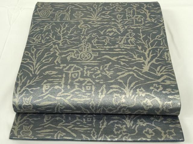 平和屋着物◎六通柄袋帯　狩猟文　銀糸　正絹　逸品　DAAZ9002qp