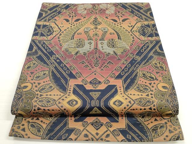 平和屋着物◎六通柄袋帯　向い鳥草花文　金糸　正絹　逸品　DABC5609xg