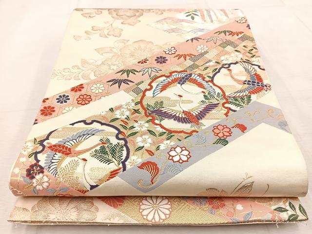 平和屋着物◎六通柄袋帯　唐織　雪輪飛鶴花文　金銀糸　正絹　逸品　BAAV4516yc