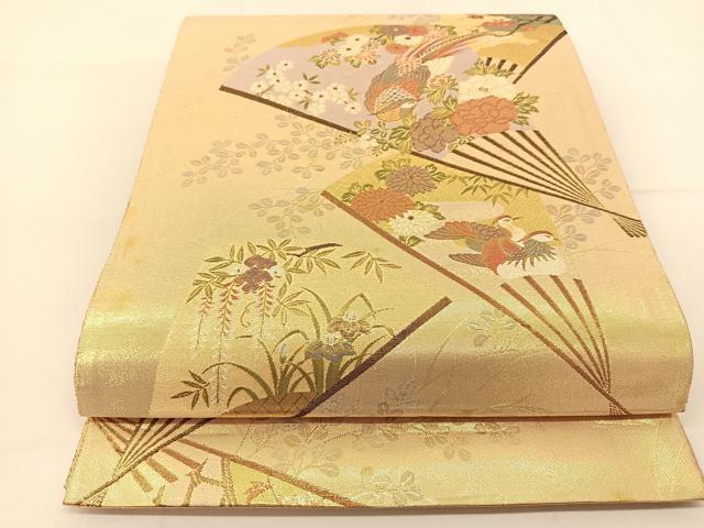平和屋着物◎六通柄袋帯　九百佐賀錦　扇花鳥文　金糸　正絹　逸品　BAAT8177yc