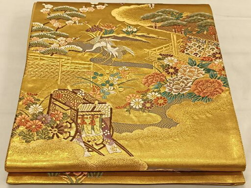 平和屋着物◎六通柄袋帯 唐織 桃山御所車文 金糸 正絹 逸品 CAAV1632qv 平和屋着物◎六通柄袋帯 唐織 桃山御所車文 金糸 正絹 逸品 CAAV1632qv