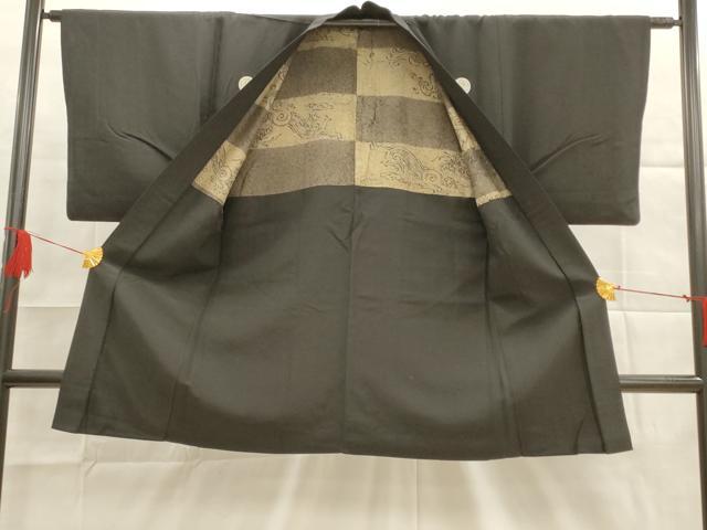 平和屋着物■男性　黒紋付羽織　御召縮緬　長羽織　正絹　逸品　AAAP9013fy