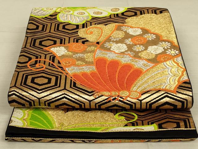 平和屋着物◎六通柄袋帯　唐織　花蝶文　黒地　金銀糸　正絹　逸品　AAAX4223ou