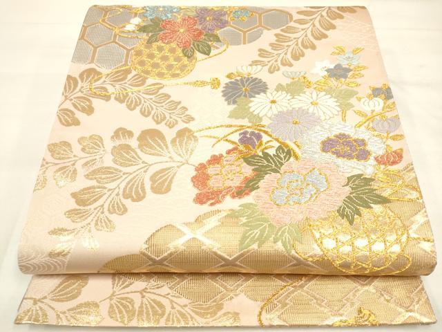 平和屋着物◎両面 六通柄袋帯 吉祥花籠文 金糸 正絹 逸品 DAAM0789bc