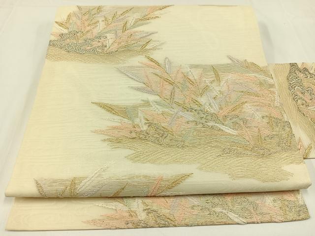 平和屋着物＊夏物　九寸名古屋帯　立波草葉文　金糸　正絹　逸品　AAAX6091jh