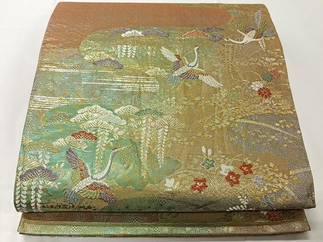 平和屋着物◎六通柄袋帯　エ霞飛鶴文　金糸　正絹　逸品　CAAT8762kb