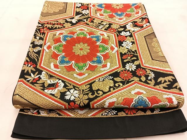平和屋着物◎六通柄袋帯 唐織 亀甲動物花文 黒地 金糸 BAAU6539yc