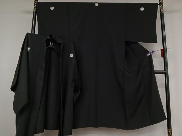 平和屋着物▽男性　黒紋付　単衣　羽織セット　暗黒色　正絹　逸品　AABF9170jh