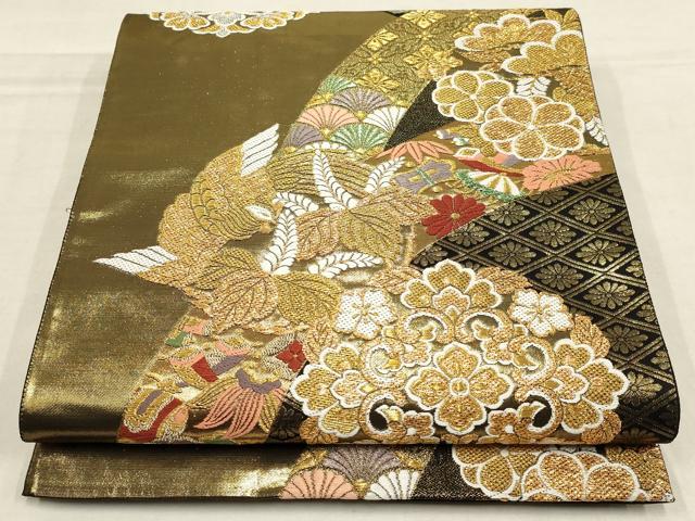 平和屋着物▼六通柄袋帯　花鳥丸文　黒地　金銀糸　正絹　逸品　AAAZ6592wj