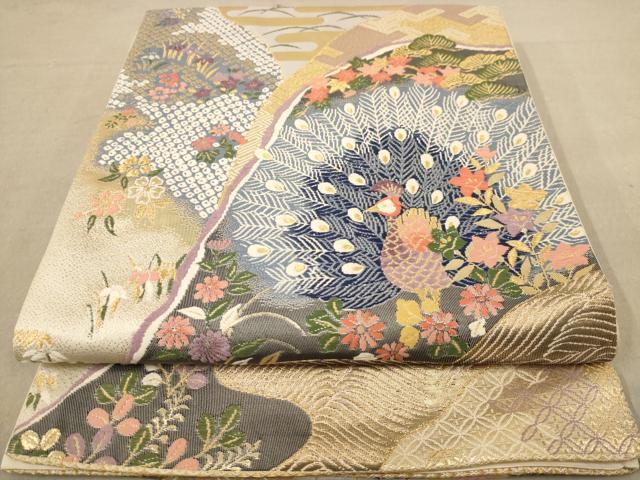 平和屋着物◎六通柄袋帯　唐織　孔雀花文　金糸　正絹　逸品　AAAZ8680dt