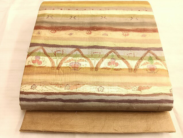 平和屋着物●太鼓柄袋帯　手描き　和紙　横段花文　金彩　逸品　BAAJ2555et