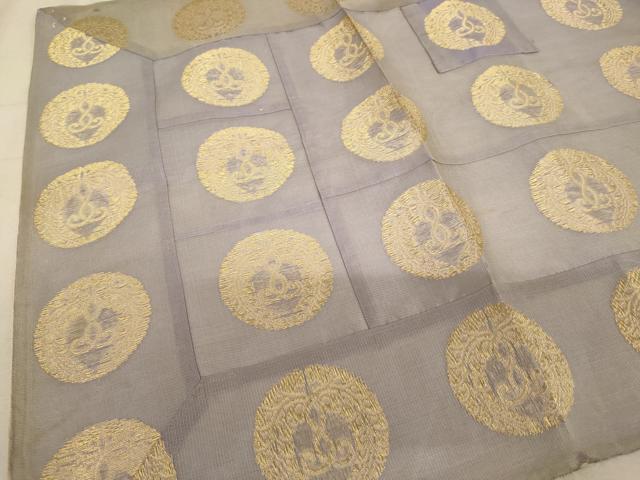 平和屋本店▼夏物　五条袈裟　紗　下り藤　牡丹鼠色地　金糸　法衣　寺院　仏具　仏教　僧侶　神職　装束　AABB5769ja