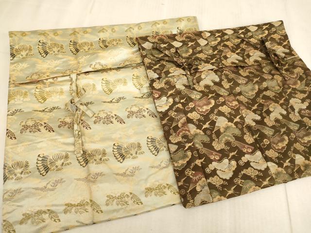 平和屋本店▼仏具入れ2点セット　袈裟生地　金襴　飛鶴舞扇花文　リメイク　ハンドメイド　法衣　寺院　..