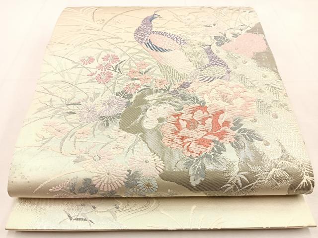 平和屋着物◎六通柄袋帯 唐織 孔雀秋草文 プラチナ箔二重織 正絹 逸品 BAAS6425hj