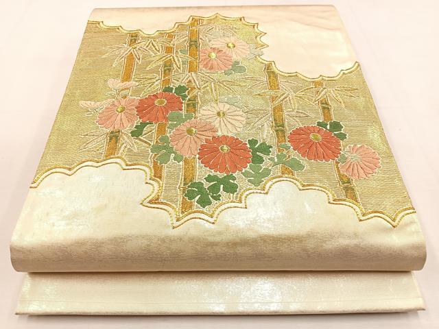 乐天商城 - 平和屋着物◎太鼓柄袋帯　総刺繍　駒刺繍　笹竹菊文　金糸　引箔　正絹　逸品　BAAS6435hj