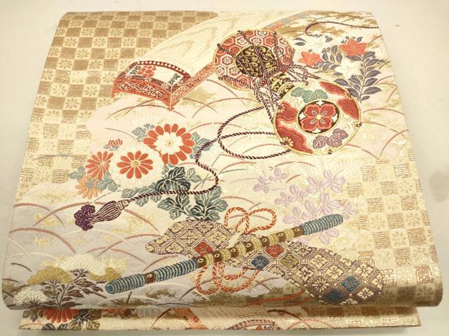 平和屋着物◎六通柄袋帯　唐織　秋のしらべ　楽器　金糸　正絹　逸品　CAAU8559ft