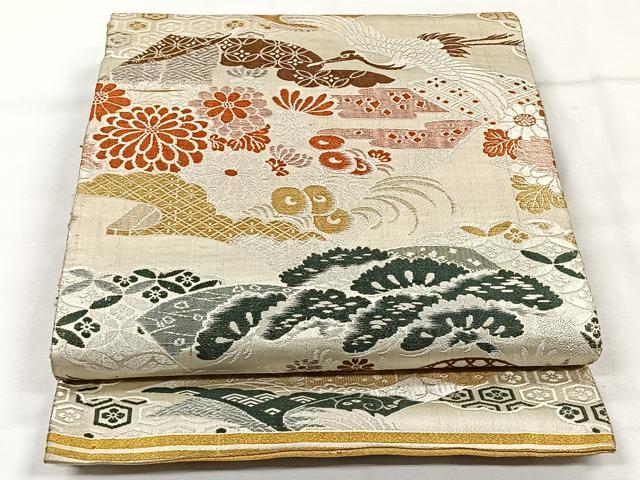 アンティーク　鶴模様　格子　金糸　丸帯　着物　023a p アンティーク 鶴模様 格子 金糸 丸帯 着物 023a p