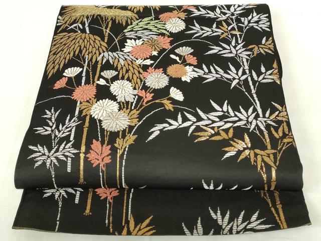 平和屋着物◎六通柄袋帯 笹竹花文 黒地 金銀糸 正絹 逸品 DABA5957qp