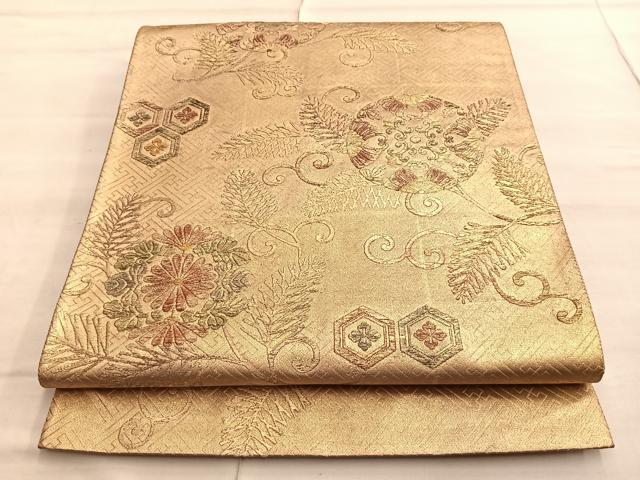 平和屋着物◎六通太鼓柄袋帯　亀甲花唐草文　金彩　正絹　逸品　BAAP0375du