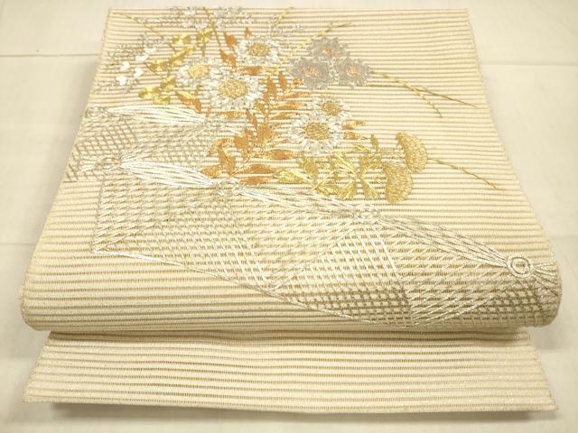 平和屋着物＊夏物　絽綴れ　八寸名古屋帯　駒刺繍　総刺繍　草花文　銀糸　正絹　逸品　DAAU4229cm