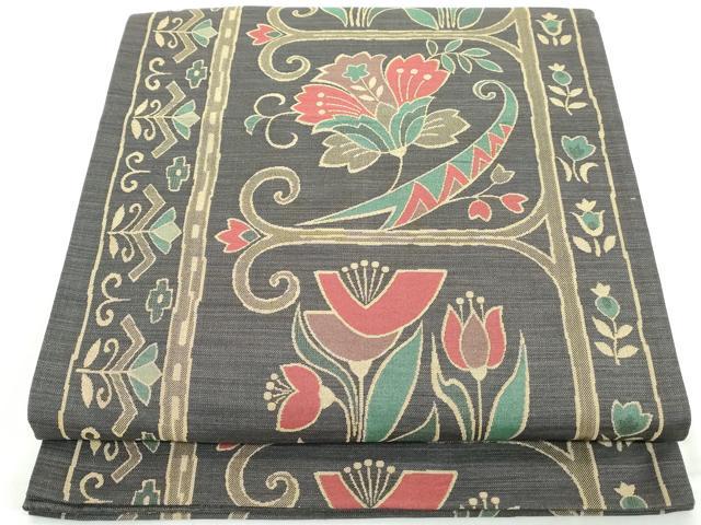 平和屋着物◎六通柄袋帯　紬地　更紗花文　正絹　逸品　DAAW1167qa