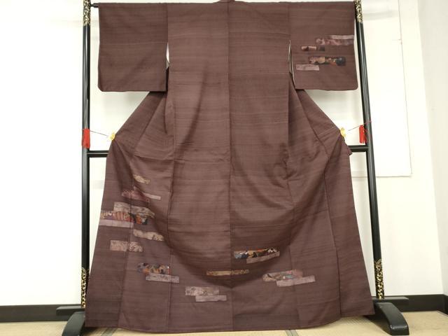 平和屋着物●訪問着　紬地　色紙重ね人物風景花松文　正絹　逸品　AABD6304cs