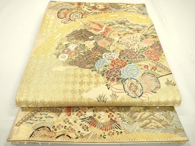 平和屋着物▼六通柄袋帯　唐織　扇面佳庭文　金糸　正絹　逸品　DAAU9054fe
