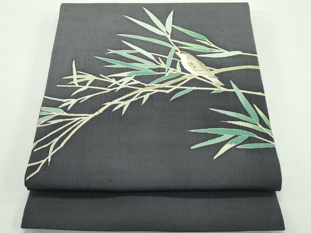 平和屋着物■極上　本加賀友禅作家　寺西英樹　九寸開き名古屋帯　紬地　休み鳥笹竹文　逸品　CZAA4381s5