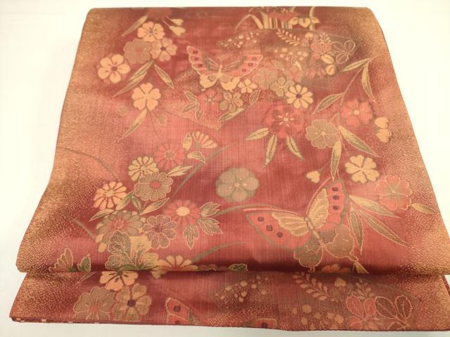 Rakuten - 平和屋着物◎両面　六通柄袋帯　紬地　舞蝶花文　金糸　正絹　逸品　DAAX1753op