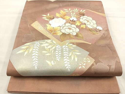 平和屋着物◎全通柄袋帯 ふくれ織り 扇面花鳥文 金糸 正絹 逸品 BAAP4185ea 平和屋着物◎全通柄袋帯 ふくれ織り 扇面花鳥文 金糸 正絹 逸品 BAAP4185ea