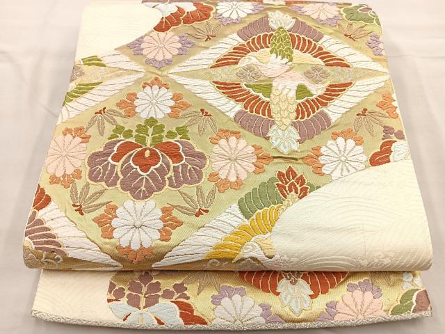 平和屋着物◎六通柄袋帯　唐織　双鶴菊文　金銀彩　正絹　逸品　BAAP4187ea