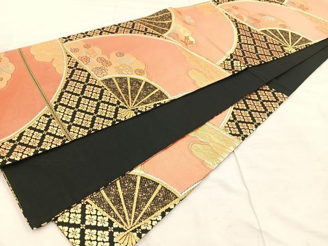 平和屋の平和屋着物◎六通柄袋帯 唐織 扇面花文 黒地 金糸 正絹 逸品 BAAU0480mz｜アングル3