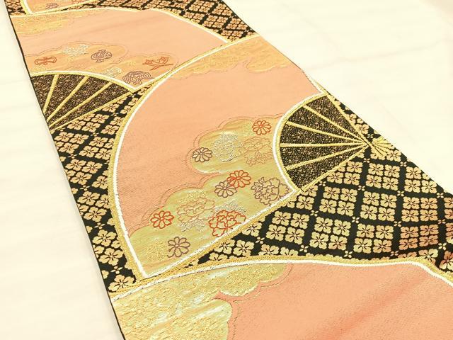 平和屋の平和屋着物◎六通柄袋帯 唐織 扇面花文 黒地 金糸 正絹 逸品 BAAU0480mz｜アングル2