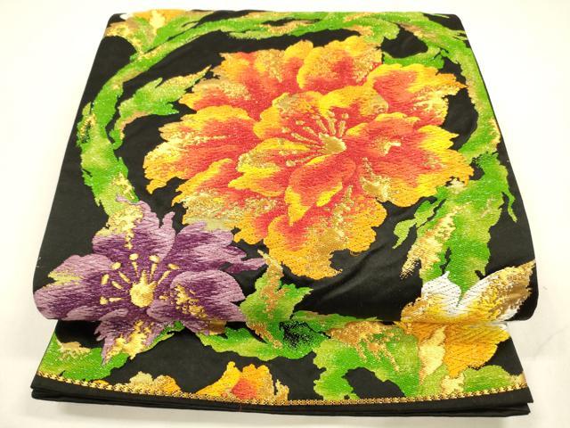 平和屋着物●六通柄袋帯 唐織 更紗花文 黒地 金銀糸 正絹 逸品 DABA0189cm